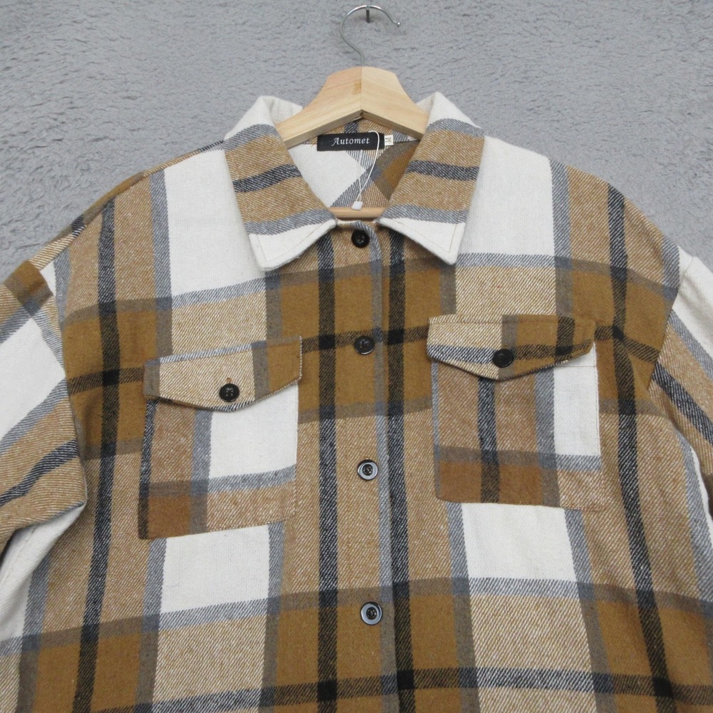 Plaid Oversized Shacket Women M Tan White Flannel Shirt Jacket Pockets Automet - Picture 5 of 16